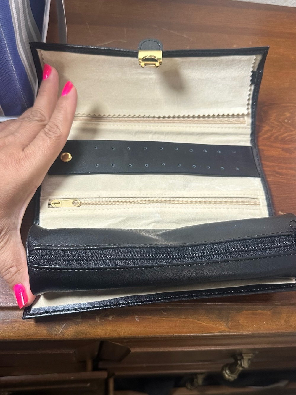 Black Leather Jewelry Roll Organizer with Gold Hardware